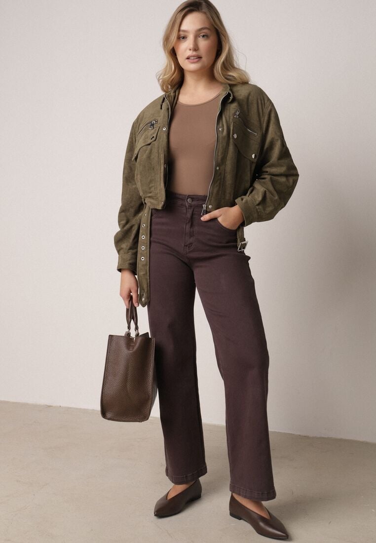 Ciemnobeżowa Kurtka z Imitacji Zamszu w Stylu Utility z Suwakami i Paskiem Birasa 2