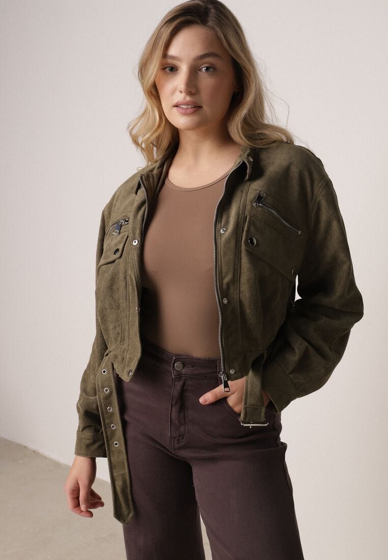 Ciemnobeżowa Kurtka z Imitacji Zamszu w Stylu Utility z Suwakami i Paskiem Birasa 4