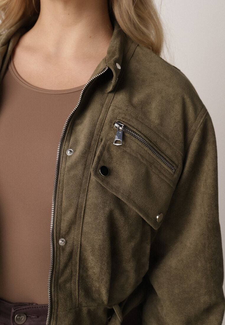 Ciemnobeżowa Kurtka z Imitacji Zamszu w Stylu Utility z Suwakami i Paskiem Birasa 5