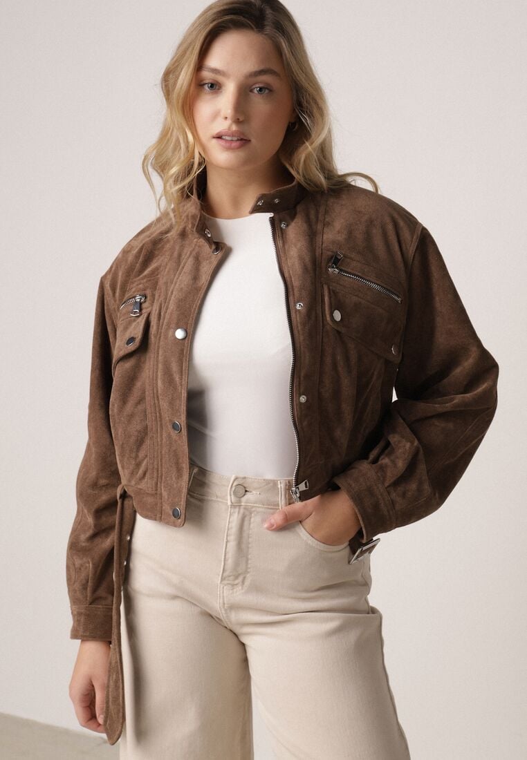 Brązowa Kurtka z Imitacji Zamszu w Stylu Utility z Suwakami i Paskiem Birasa 1
