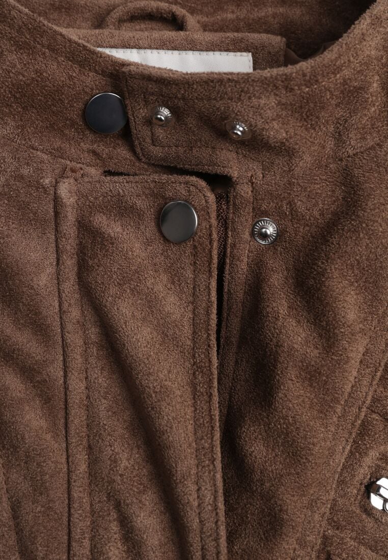 Brązowa Kurtka z Imitacji Zamszu w Stylu Utility z Suwakami i Paskiem Birasa 8