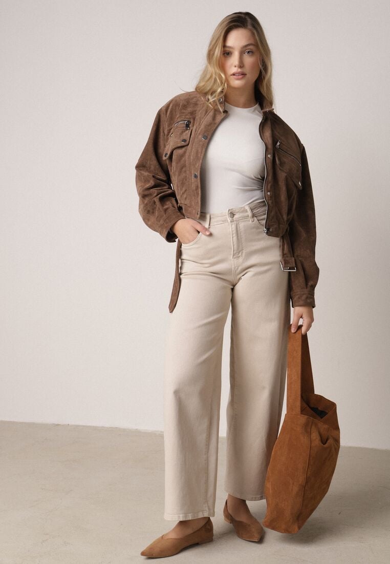 Brązowa Kurtka z Imitacji Zamszu w Stylu Utility z Suwakami i Paskiem Birasa 2