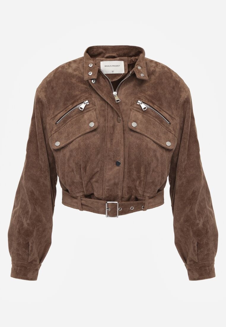 Brązowa Kurtka z Imitacji Zamszu w Stylu Utility z Suwakami i Paskiem Birasa 6