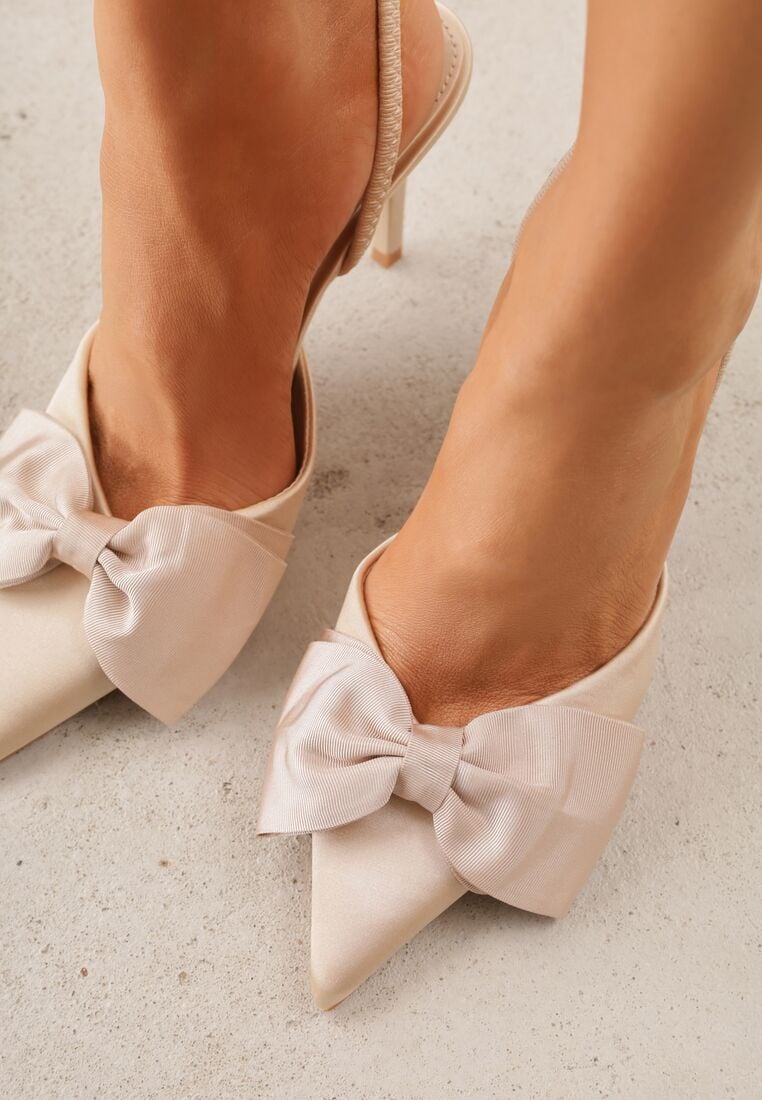 Beżowe Satynowe Szpilki z Odkrytą Piętą i Ozdobną Kokardą Argatea 3