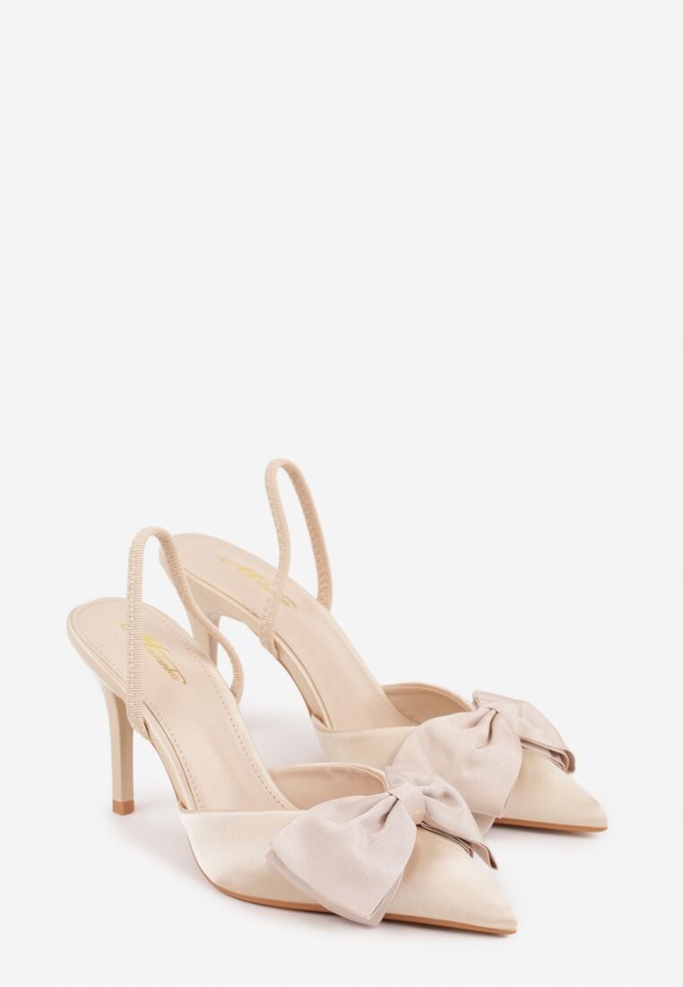 Beżowe Satynowe Szpilki z Odkrytą Piętą i Ozdobną Kokardą Argatea 5