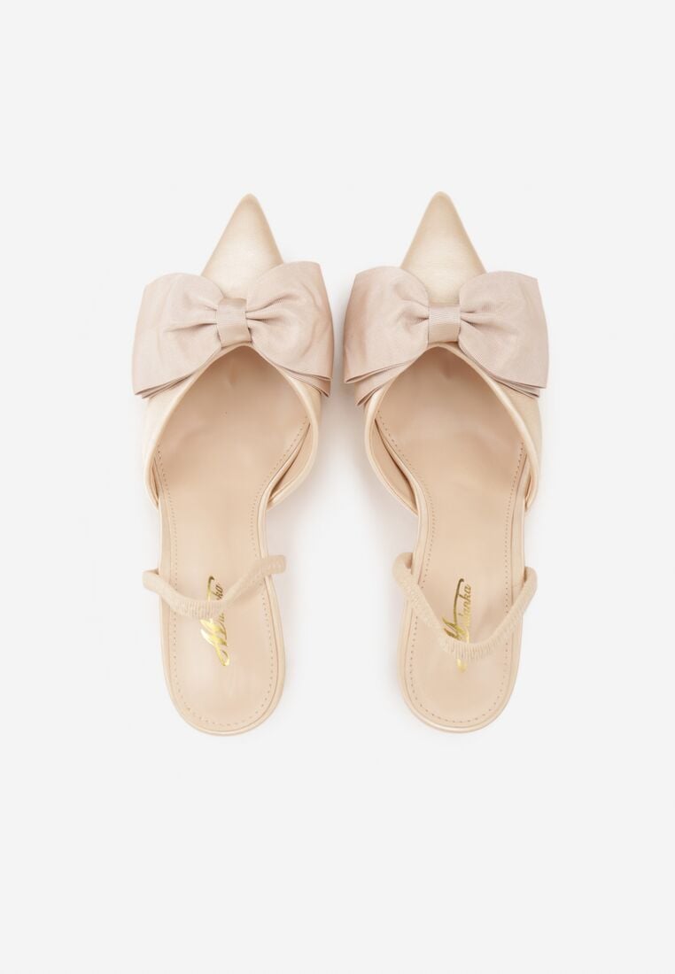 Beżowe Satynowe Szpilki z Odkrytą Piętą i Ozdobną Kokardą Argatea 6