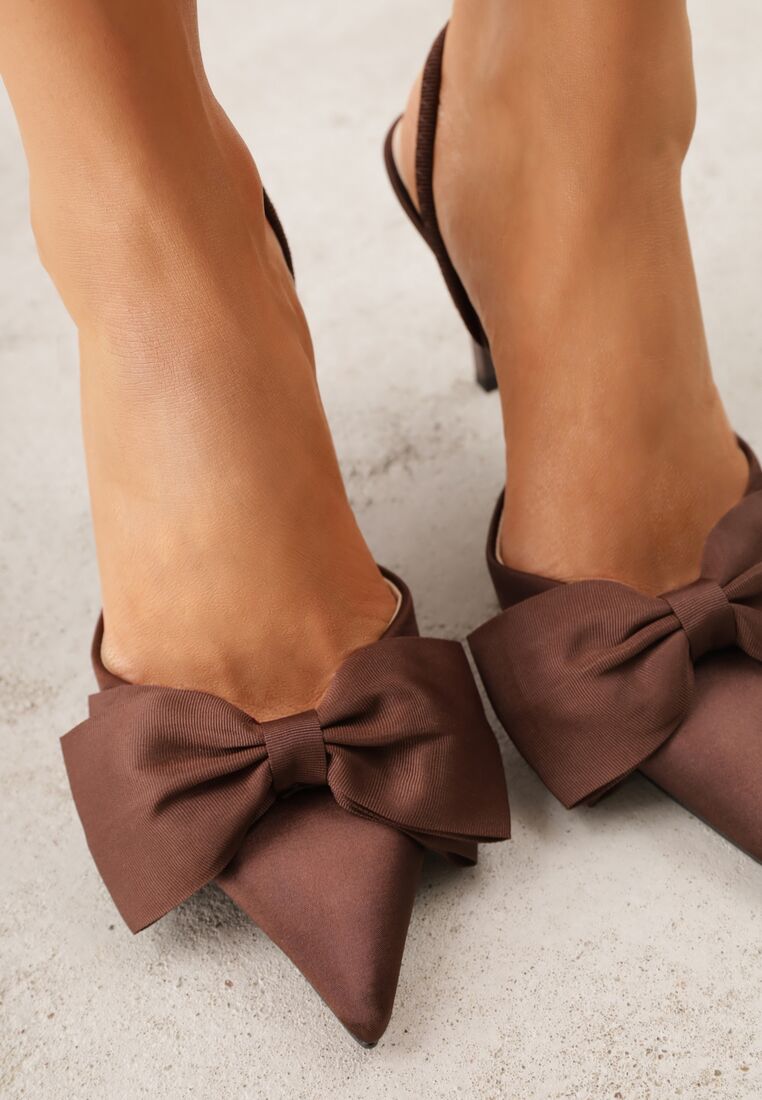 Brązowe Satynowe Szpilki z Odkrytą Piętą i Ozdobną Kokardą Argatea 3