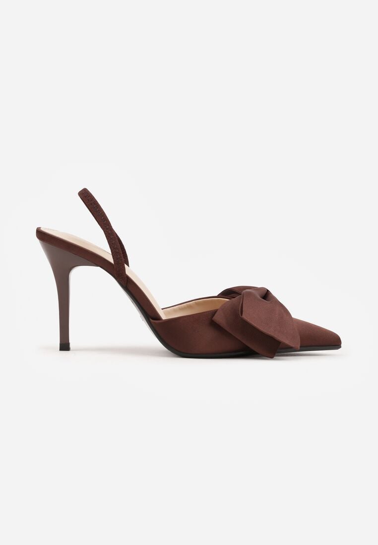 Brązowe Satynowe Szpilki z Odkrytą Piętą i Ozdobną Kokardą Argatea 4