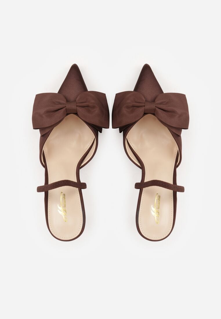 Brązowe Satynowe Szpilki z Odkrytą Piętą i Ozdobną Kokardą Argatea 6