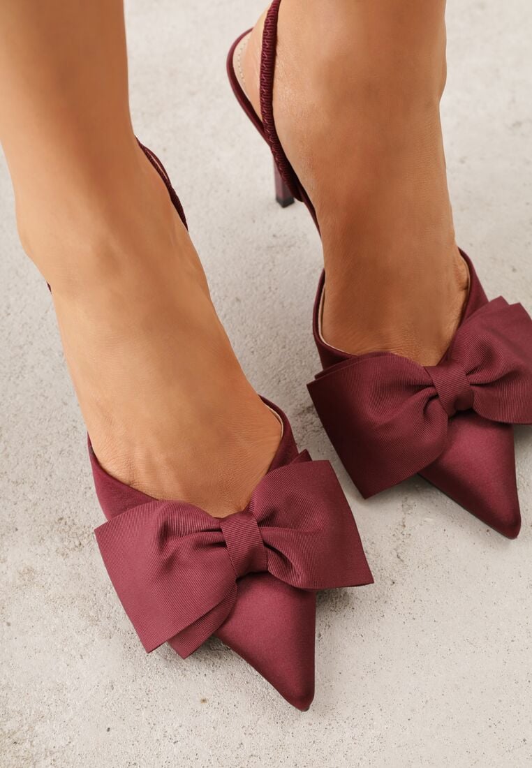 Bordowe Satynowe Szpilki z Odkrytą Piętą i Ozdobną Kokardą Argatea 3