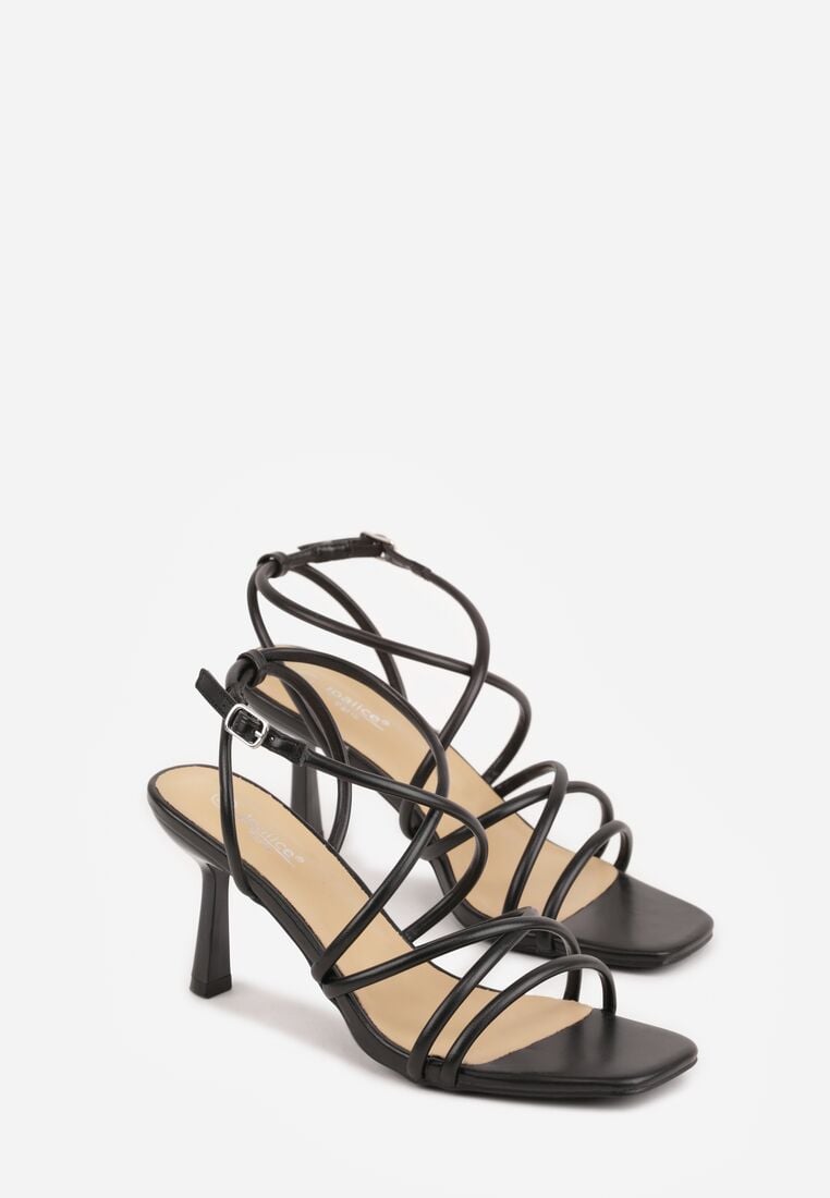 Czarne Sandały na Szpilce z Przeplatanymi Paskiami i Kwadratowym Noskiem Baloria 5