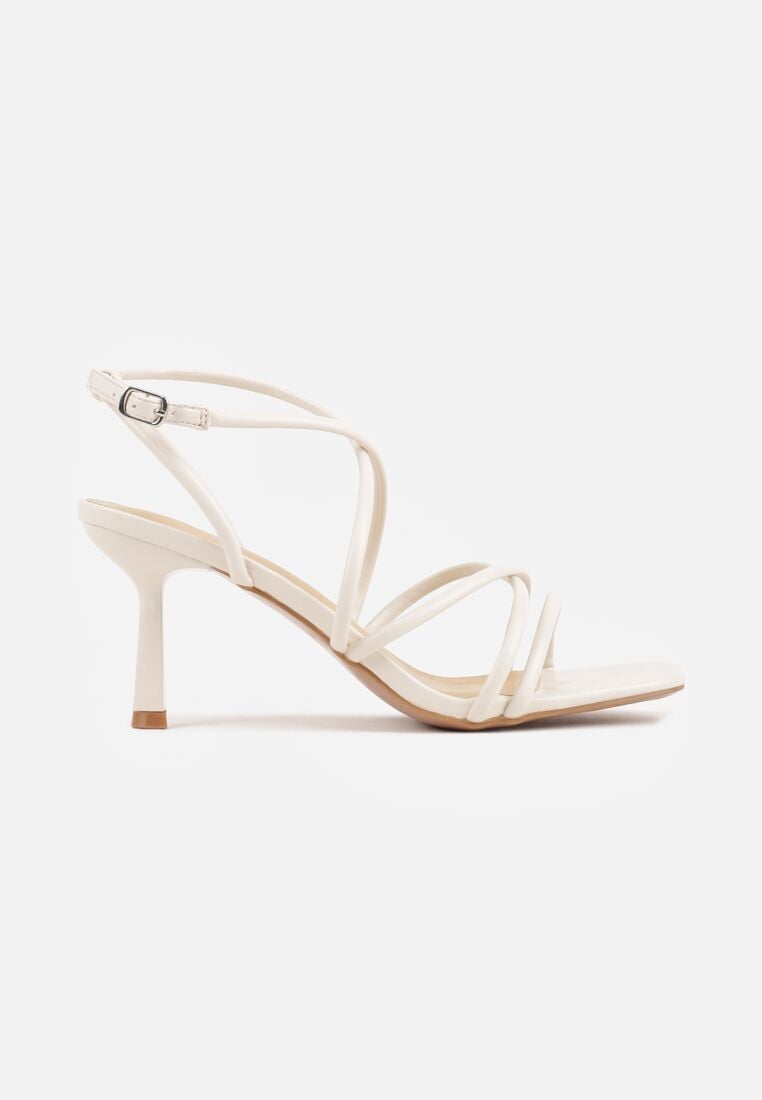 Beżowe Sandały na Szpilce z Przeplatanymi Paskiami i Kwadratowym Noskiem Baloria 4