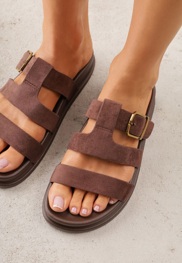 Brązowe Klapki z Geometryczną Cholewką i Klamrą z Boku Endrita 3