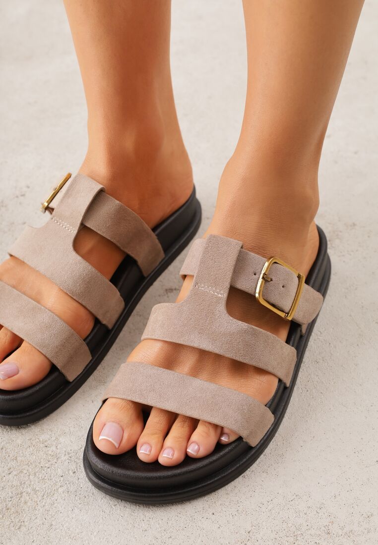 Ciemnobeżowe Klapki z Geometryczną Cholewką i Klamrą z Boku Endrita 3