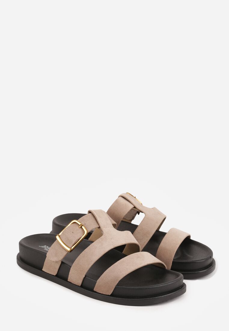 Ciemnobeżowe Klapki z Geometryczną Cholewką i Klamrą z Boku Endrita 5