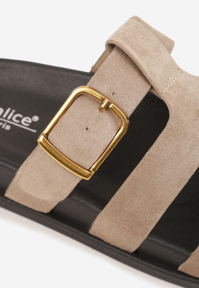 Ciemnobeżowe Klapki z Geometryczną Cholewką i Klamrą z Boku Endrita 8