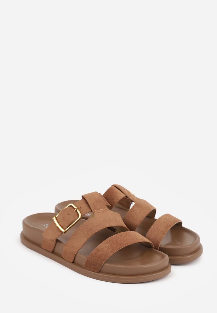 Jasnobrązowe Klapki z Geometryczną Cholewką i Klamrą z Boku Endrita 5