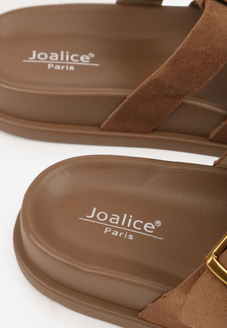 Jasnobrązowe Klapki z Geometryczną Cholewką i Klamrą z Boku Endrita 8