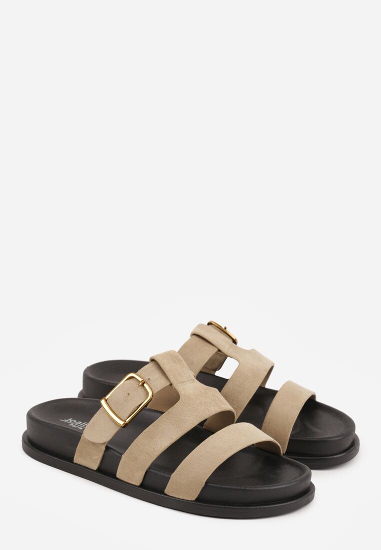 Beżowe Klapki z Geometryczną Cholewką i Klamrą z Boku Endrita 5