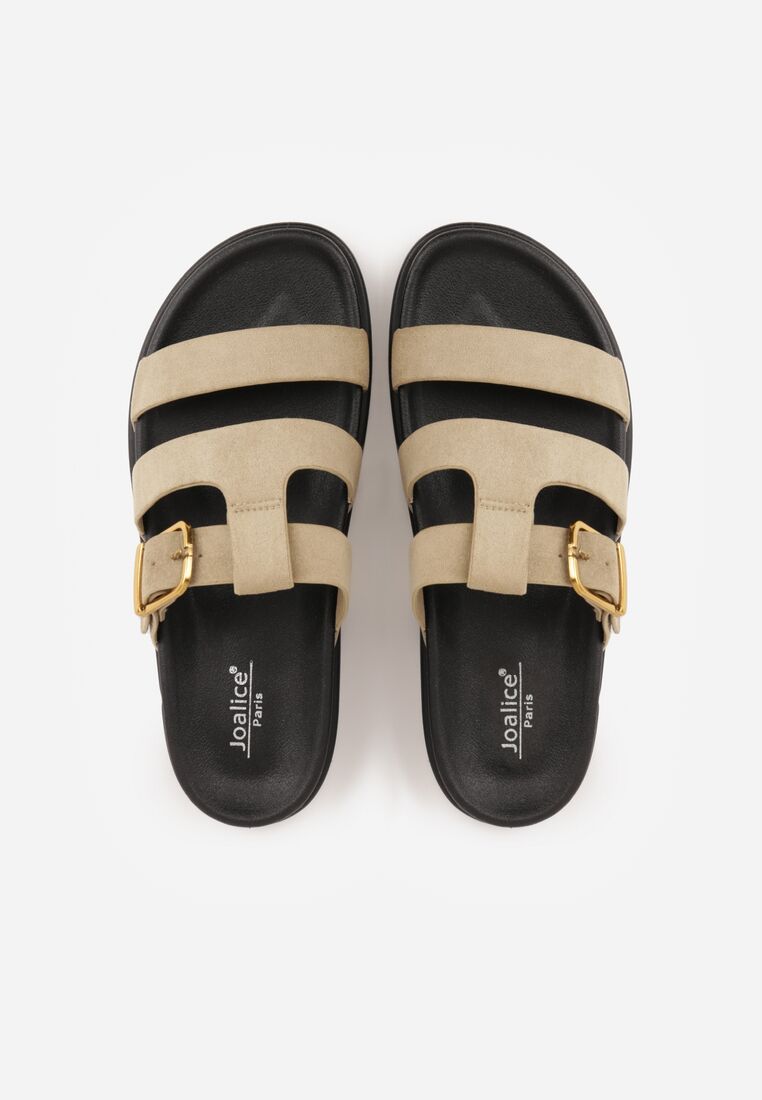 Beżowe Klapki z Geometryczną Cholewką i Klamrą z Boku Endrita 6