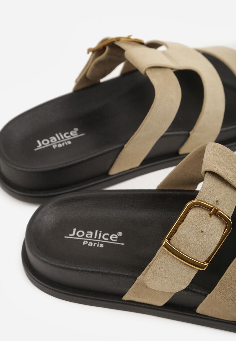 Beżowe Klapki z Geometryczną Cholewką i Klamrą z Boku Endrita 8