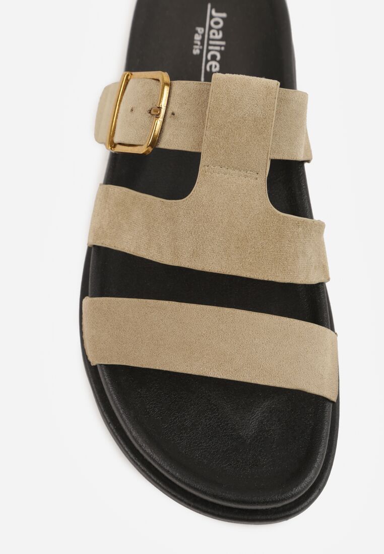 Beżowe Klapki z Geometryczną Cholewką i Klamrą z Boku Endrita 9