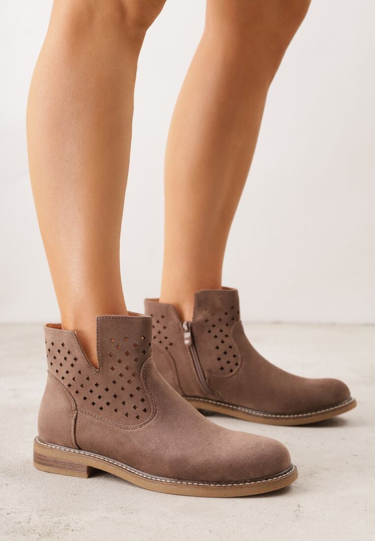 Jasnobrązowe Płaskie Botki Sztyblety z Ażurowym Wzorem ze Skórzaną Wkładką Terisina 1