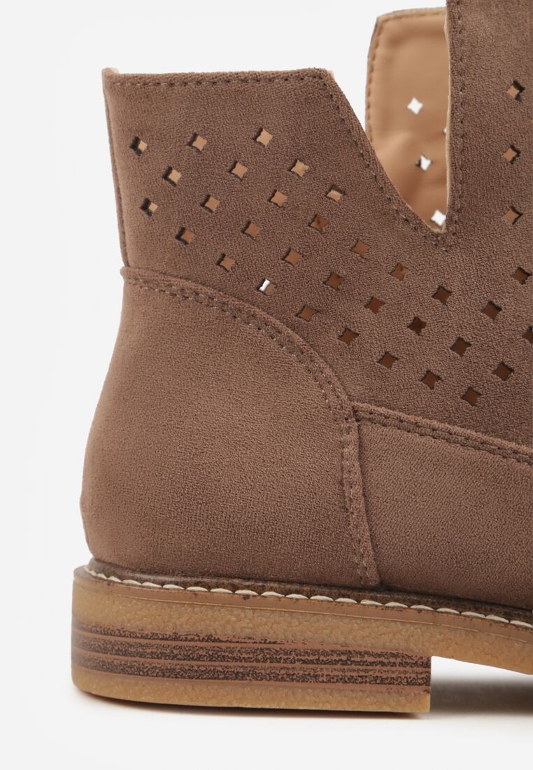 Jasnobrązowe Płaskie Botki Sztyblety z Ażurowym Wzorem ze Skórzaną Wkładką Terisina 8