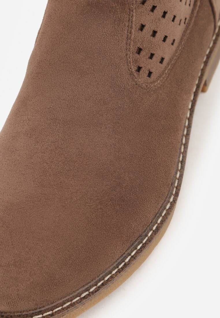 Jasnobrązowe Płaskie Botki Sztyblety z Ażurowym Wzorem ze Skórzaną Wkładką Terisina 9