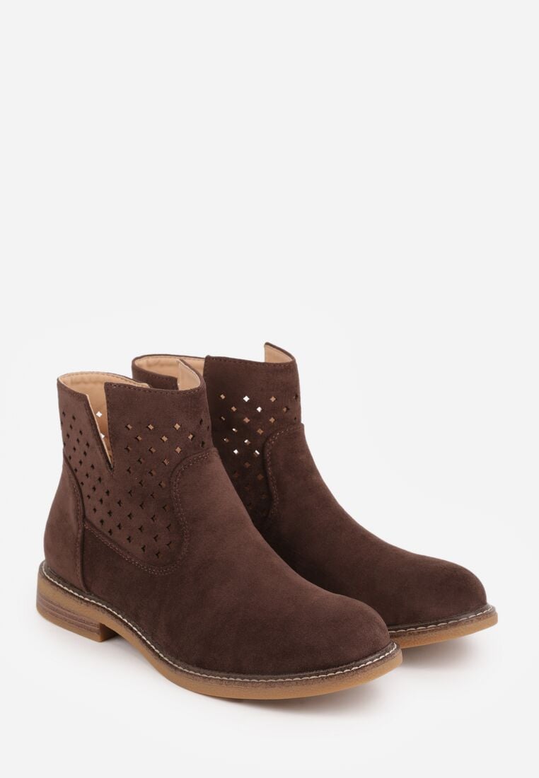 Brązowe Płaskie Botki Sztyblety z Ażurowym Wzorem ze Skórzaną Wkładką Terisina 5