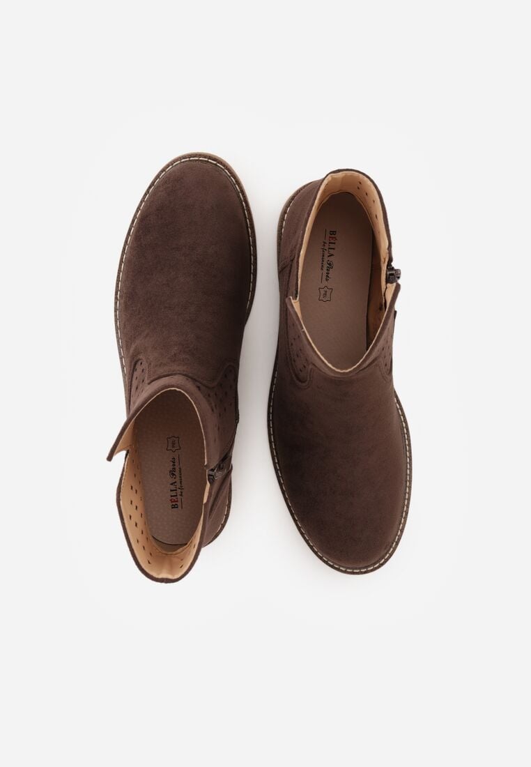 Brązowe Płaskie Botki Sztyblety z Ażurowym Wzorem ze Skórzaną Wkładką Terisina 6