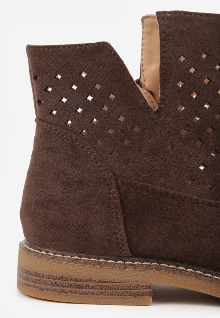 Brązowe Płaskie Botki Sztyblety z Ażurowym Wzorem ze Skórzaną Wkładką Terisina 8