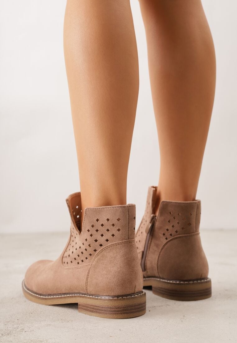 Ciemnobeżowe Płaskie Botki Sztyblety z Ażurowym Wzorem ze Skórzaną Wkładką Terisina 3