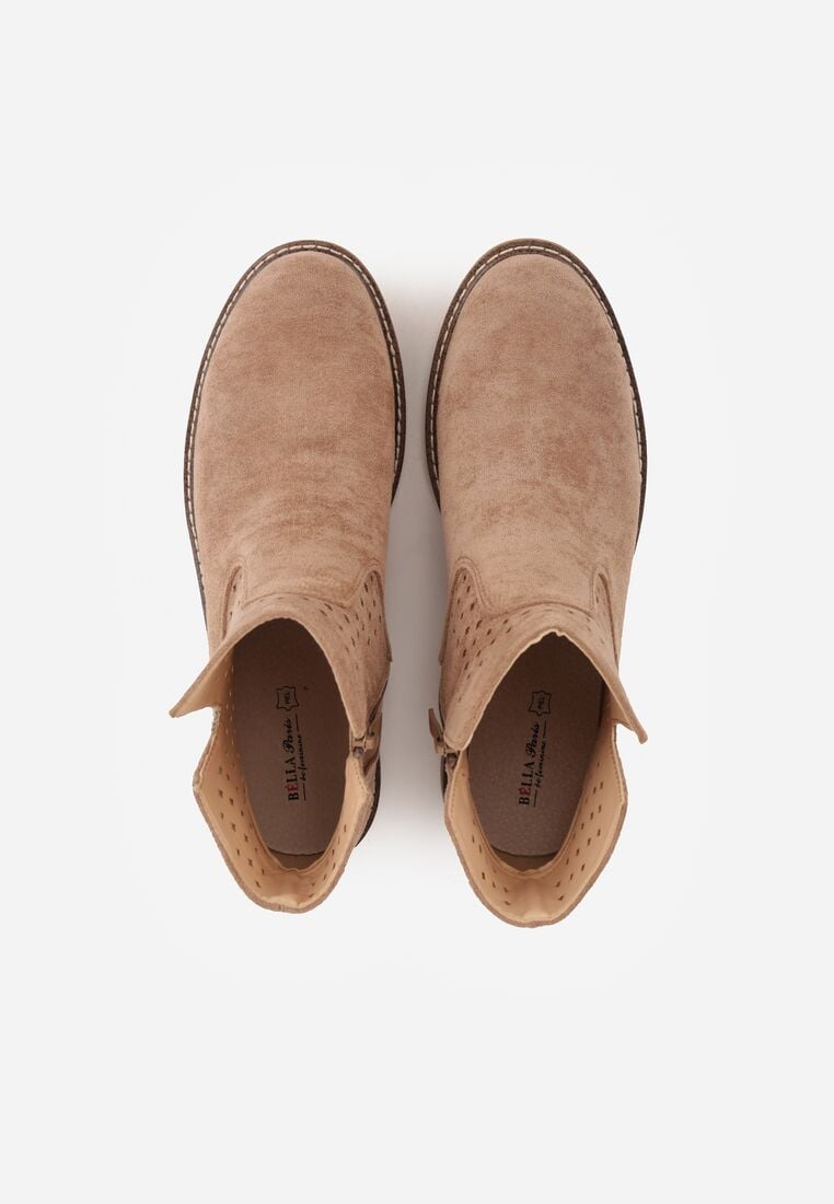 Ciemnobeżowe Płaskie Botki Sztyblety z Ażurowym Wzorem ze Skórzaną Wkładką Terisina 6