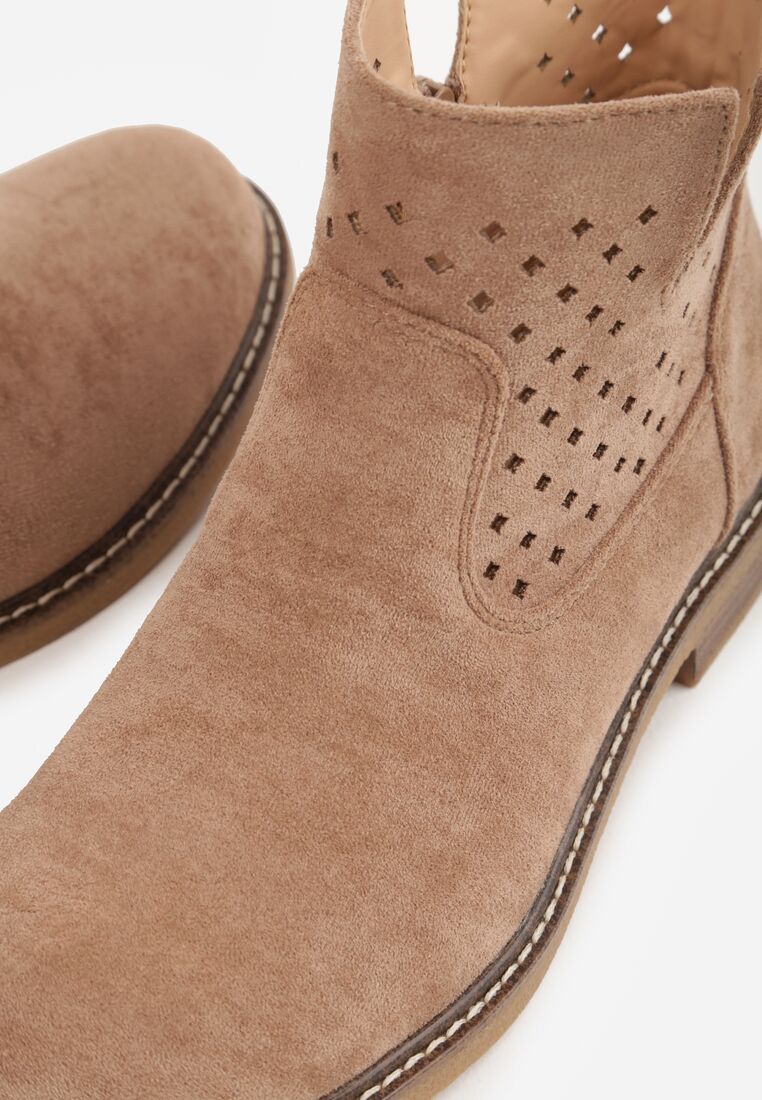 Ciemnobeżowe Płaskie Botki Sztyblety z Ażurowym Wzorem ze Skórzaną Wkładką Terisina 8