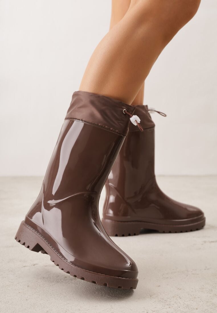 Brązowe Lakierowane Kalosze ze Ściąganą Cholewką Fevaselle 2