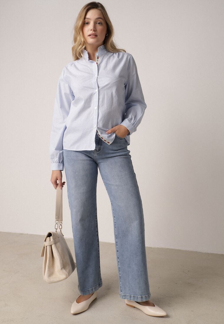 Niebieska Bawełniana Koszula ze Stójką z Falbanką i Haftem przy Guzikach Umaria 2