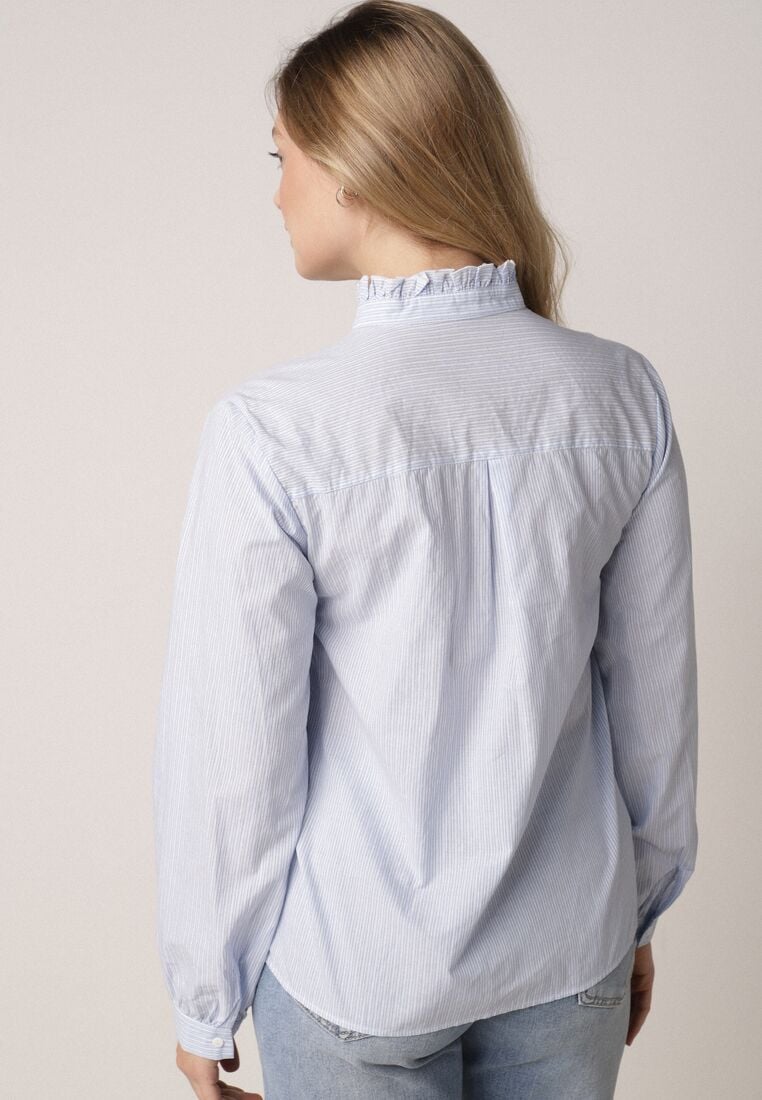 Niebieska Bawełniana Koszula ze Stójką z Falbanką i Haftem przy Guzikach Umaria 3