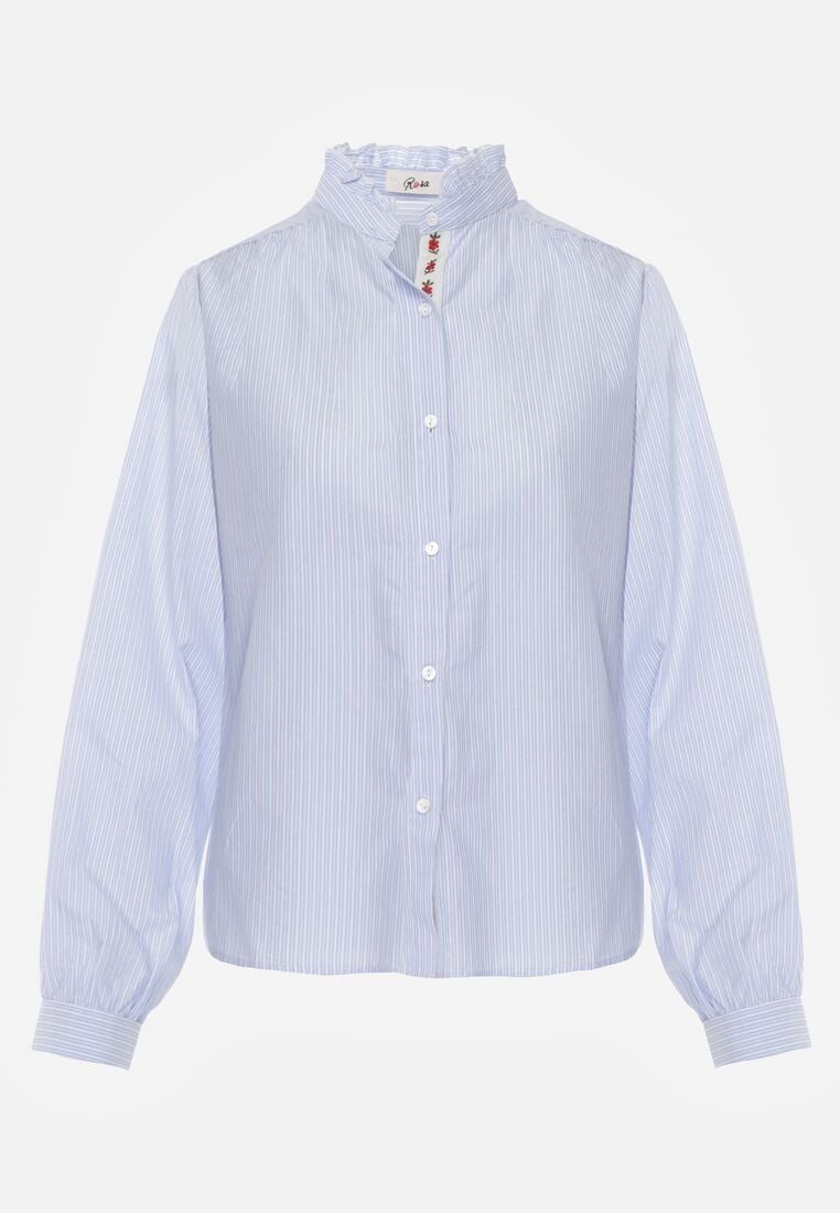 Niebieska Bawełniana Koszula ze Stójką z Falbanką i Haftem przy Guzikach Umaria 6