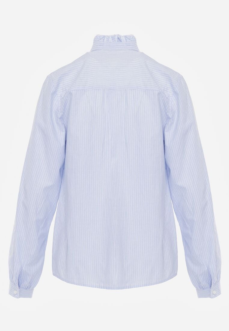 Niebieska Bawełniana Koszula ze Stójką z Falbanką i Haftem przy Guzikach Umaria 7