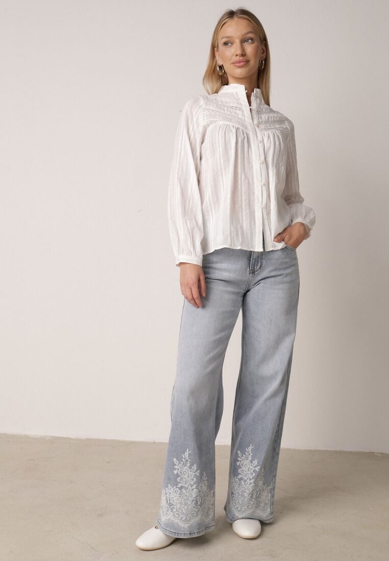 Biała Bawełniana Rustykalna Koszula ze Stójką i Koronkowymi Wstawkami Felielia 2