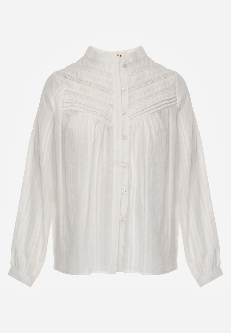 Biała Bawełniana Rustykalna Koszula ze Stójką i Koronkowymi Wstawkami Felielia 6