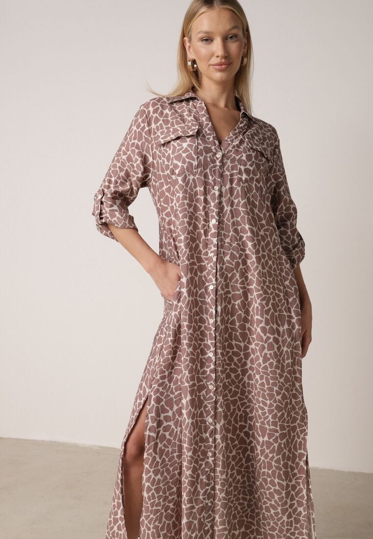 Beżowa Sukienka Koszulowa z Wiskozą w Zwierzęcy Wzór Żyrafy Nevetalia 2