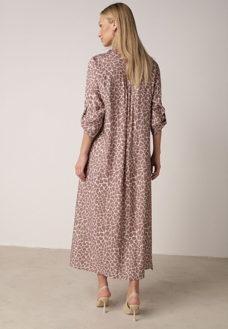 Beżowa Sukienka Koszulowa z Wiskozą w Zwierzęcy Wzór Żyrafy Nevetalia 3