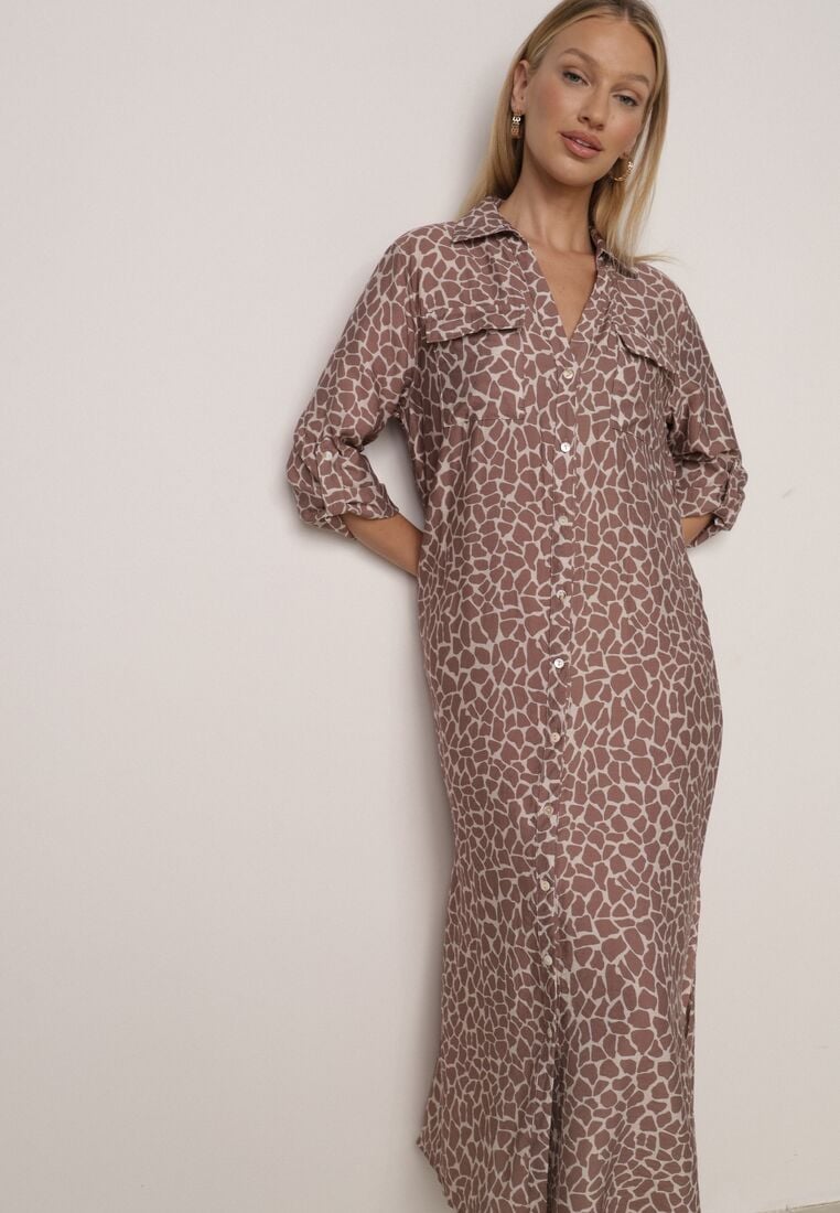 Beżowa Sukienka Koszulowa z Wiskozą w Zwierzęcy Wzór Żyrafy Nevetalia 4