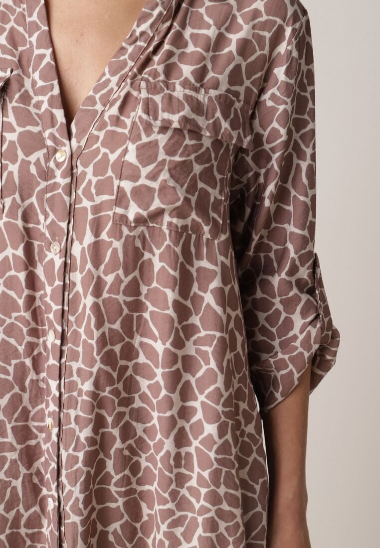 Beżowa Sukienka Koszulowa z Wiskozą w Zwierzęcy Wzór Żyrafy Nevetalia 5
