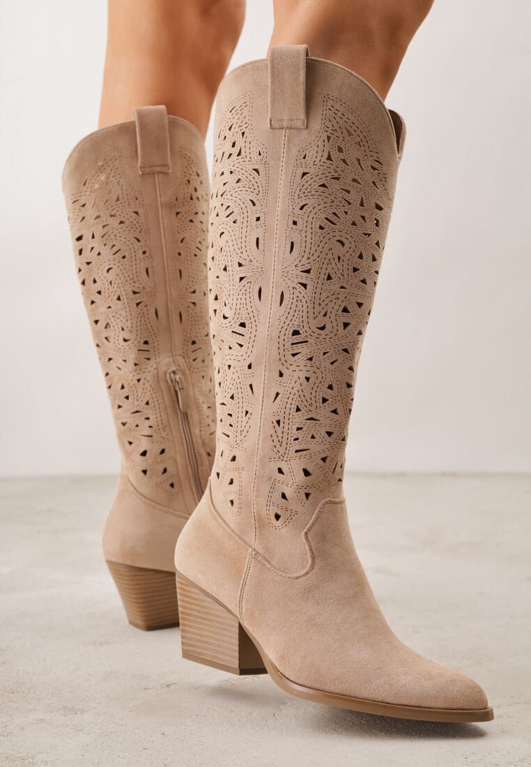 Beżowe Kozaki Kowbojki na Stożku z Ażurową Cholewką Uria 2
