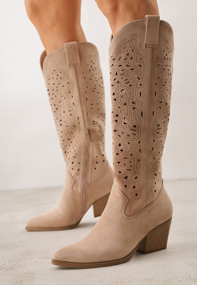 Beżowe Kozaki Kowbojki na Stożku z Ażurową Cholewką Uria 1