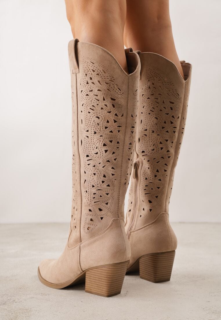 Beżowe Kozaki Kowbojki na Stożku z Ażurową Cholewką Uria 3