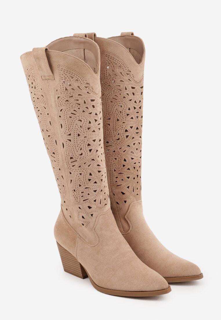 Beżowe Kozaki Kowbojki na Stożku z Ażurową Cholewką Uria 5